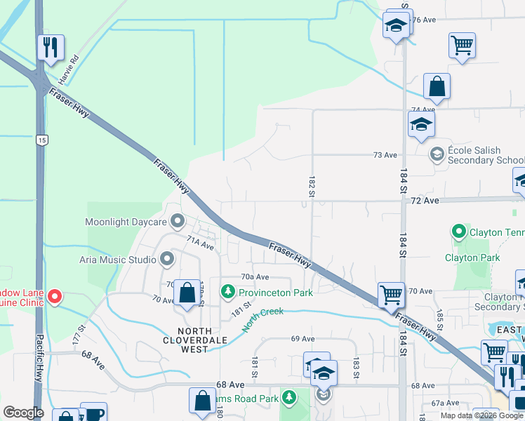 map of restaurants, bars, coffee shops, grocery stores, and more near 18088 72 Avenue in Surrey