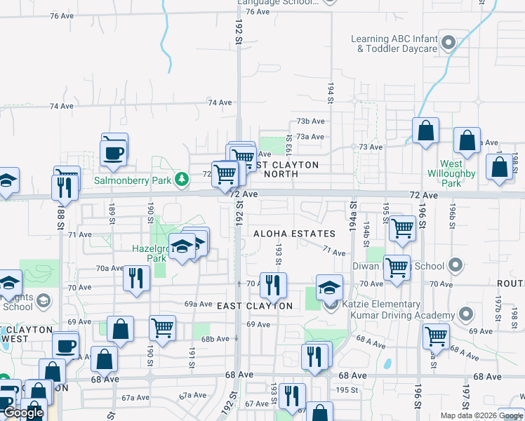 map of restaurants, bars, coffee shops, grocery stores, and more near 19255 Aloha Drive in Surrey