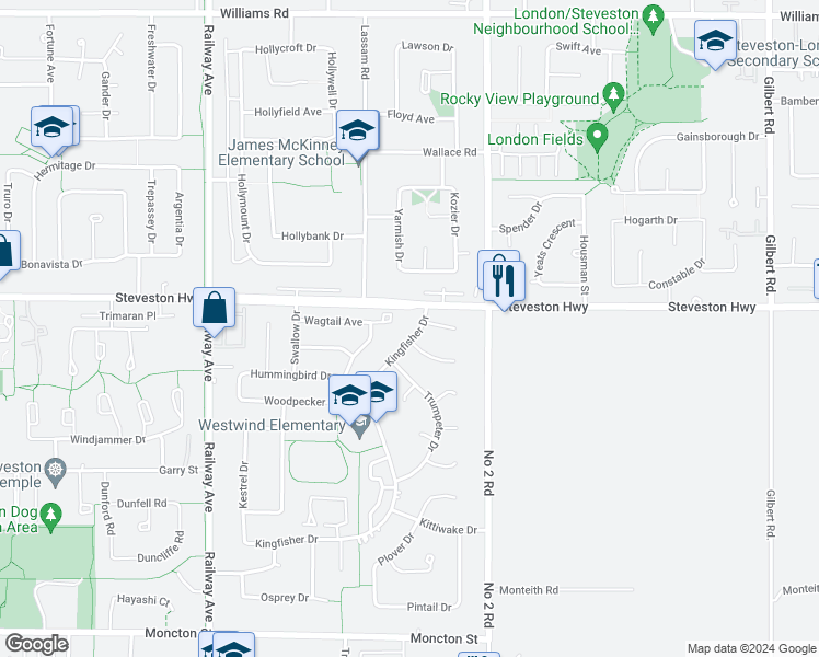 map of restaurants, bars, coffee shops, grocery stores, and more near 11071 Kingfisher Drive in Richmond