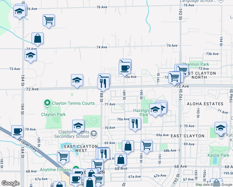 map of restaurants, bars, coffee shops, grocery stores, and more near 7155 189 Street in Surrey