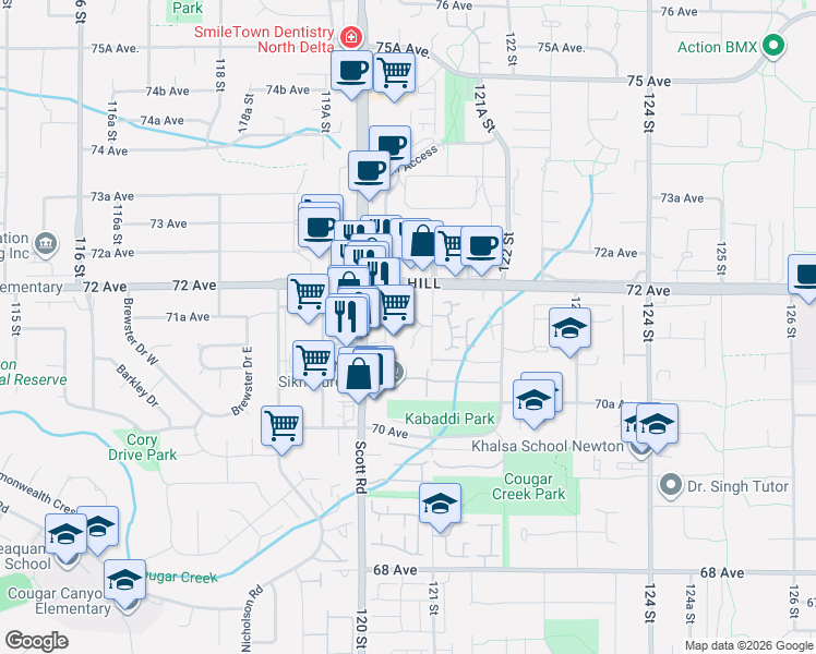 map of restaurants, bars, coffee shops, grocery stores, and more near 7161 121 Street in Surrey