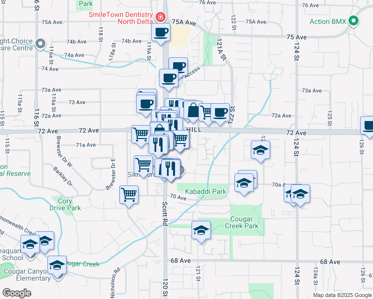 map of restaurants, bars, coffee shops, grocery stores, and more near 7161 121 Street in Surrey