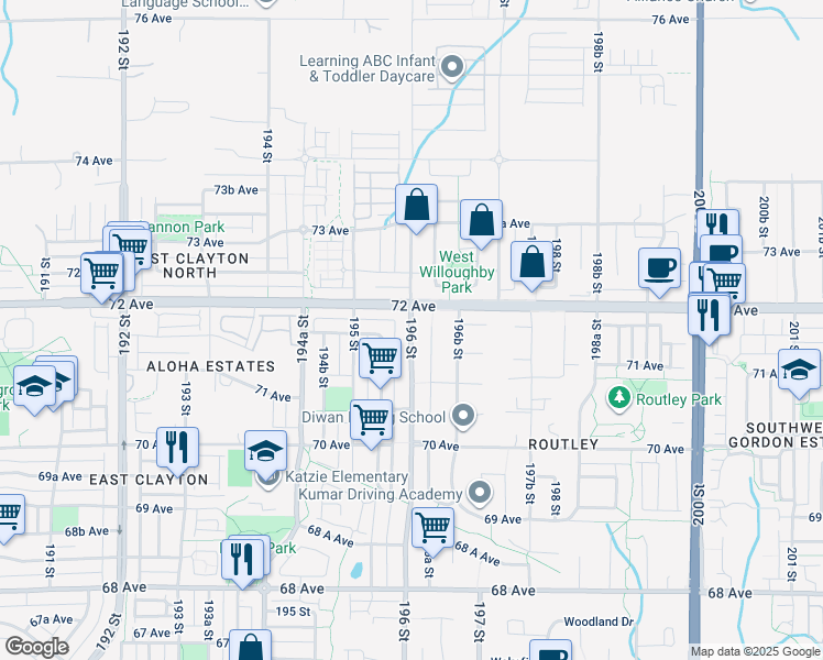 map of restaurants, bars, coffee shops, grocery stores, and more near 69 196 Street in Langley