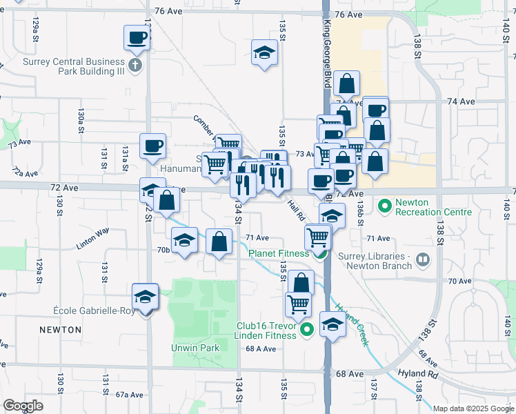 map of restaurants, bars, coffee shops, grocery stores, and more near 13439 71A Avenue in Surrey