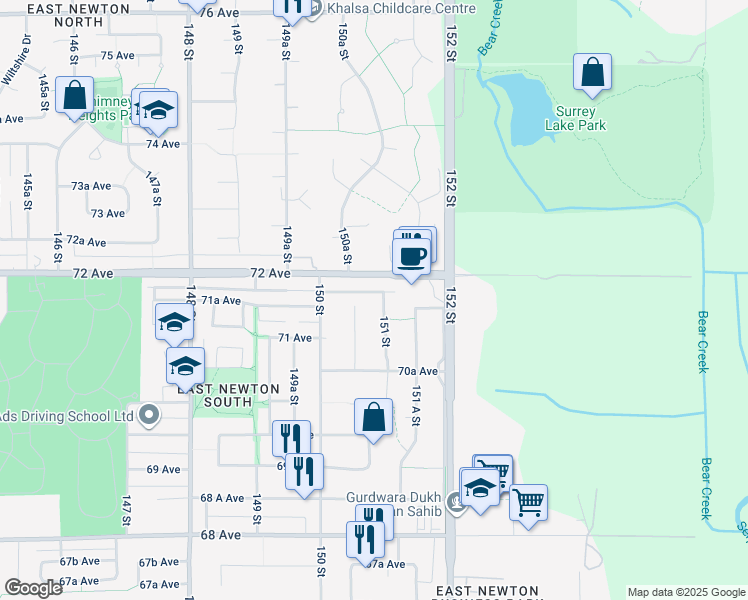 map of restaurants, bars, coffee shops, grocery stores, and more near 7171 151 Street in Surrey