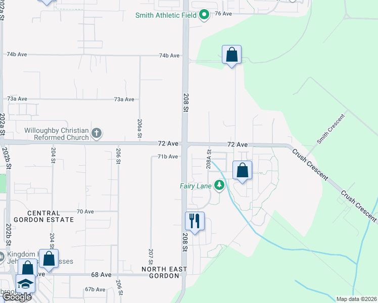 map of restaurants, bars, coffee shops, grocery stores, and more near 20826 72 Avenue in Langley Township