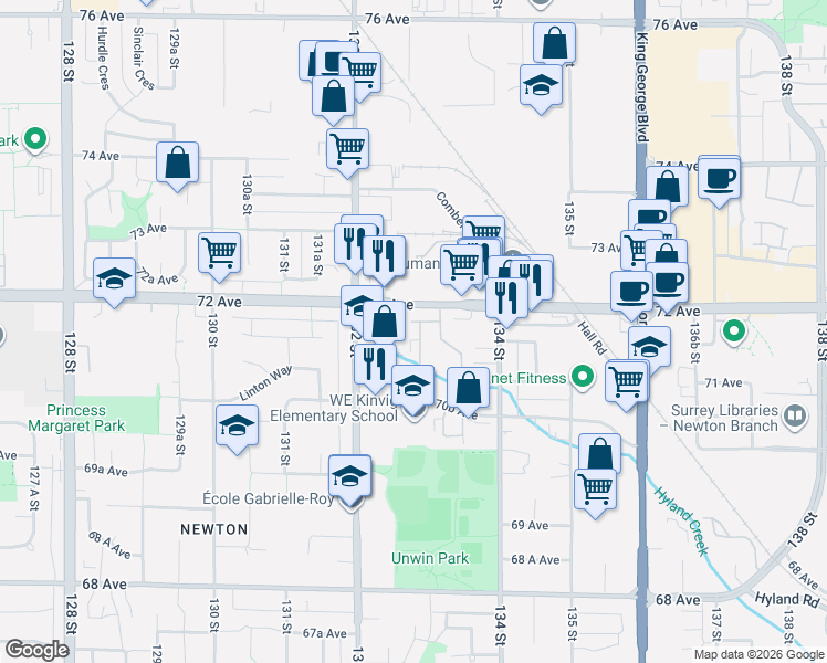map of restaurants, bars, coffee shops, grocery stores, and more near 7165 133 Street in Surrey