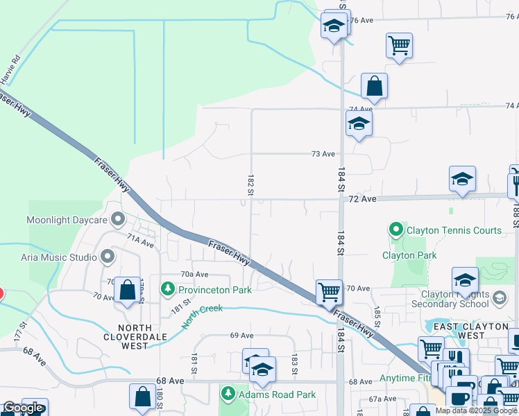 map of restaurants, bars, coffee shops, grocery stores, and more near 18222 72 Avenue in Surrey