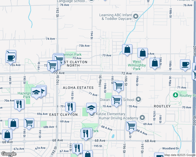 map of restaurants, bars, coffee shops, grocery stores, and more near 7137 194B Street in Surrey