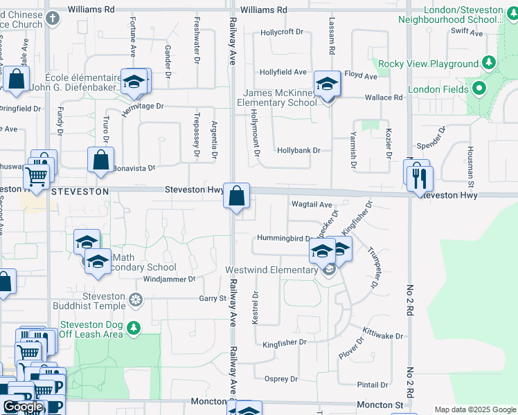 map of restaurants, bars, coffee shops, grocery stores, and more near 11100 Railway Avenue in Richmond