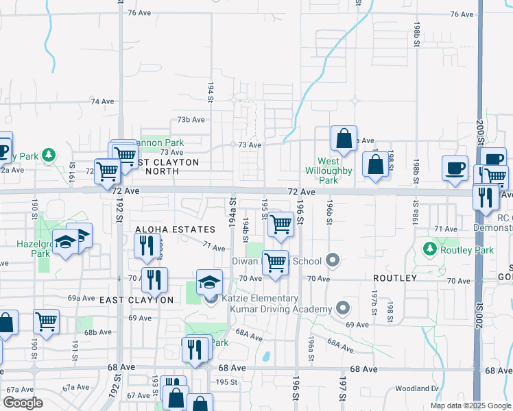 map of restaurants, bars, coffee shops, grocery stores, and more near in Surrey