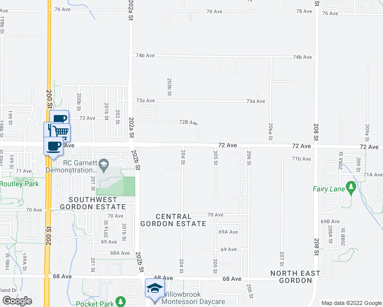 map of restaurants, bars, coffee shops, grocery stores, and more near 20434 72 Avenue in Langley