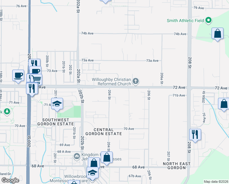 map of restaurants, bars, coffee shops, grocery stores, and more near 20434 72 Avenue in Langley