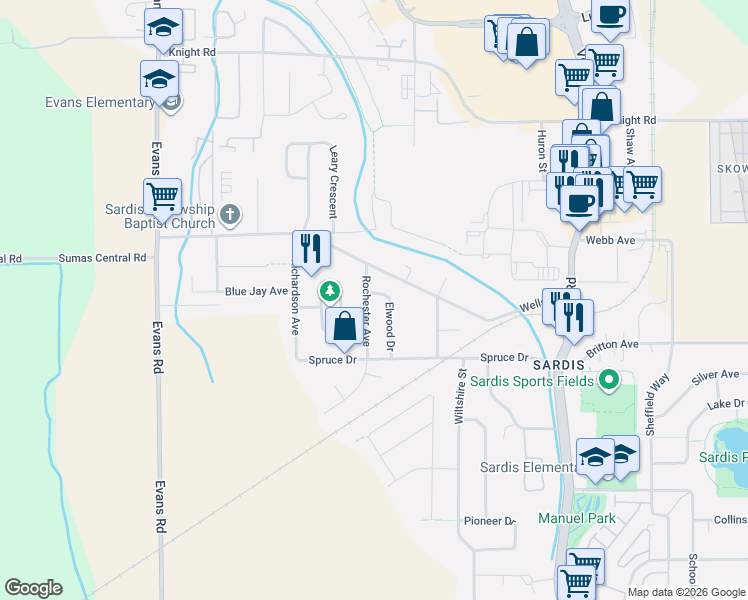 map of restaurants, bars, coffee shops, grocery stores, and more near 7194 Rochester Avenue in Chilliwack