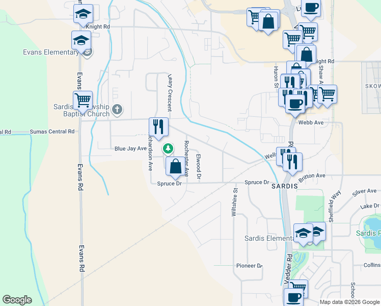 map of restaurants, bars, coffee shops, grocery stores, and more near 7194 Rochester Avenue in Chilliwack