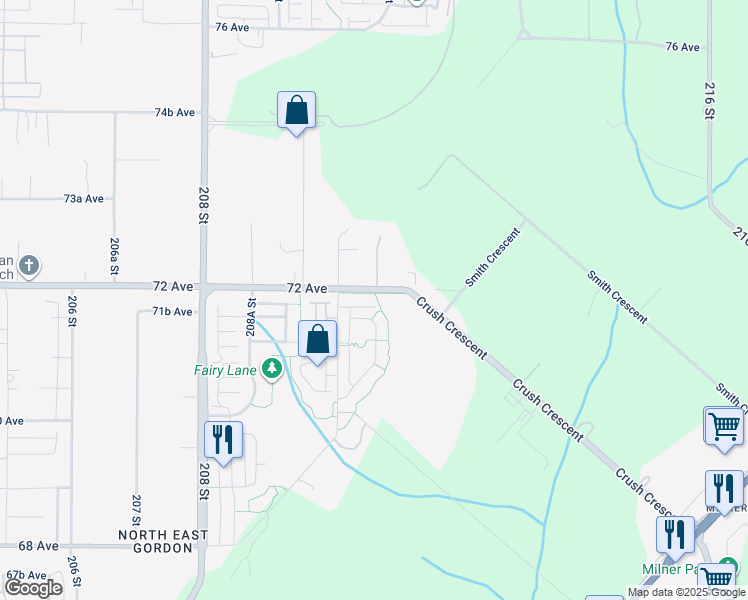 map of restaurants, bars, coffee shops, grocery stores, and more near 21050 72 Avenue in Langley