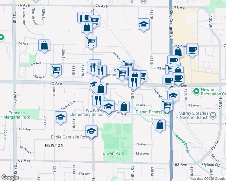 map of restaurants, bars, coffee shops, grocery stores, and more near 13316 71B Avenue in Surrey