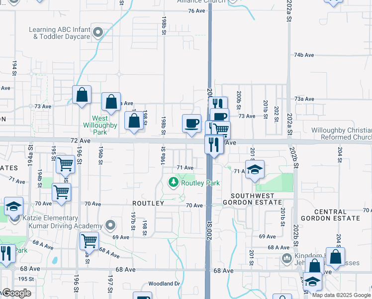 map of restaurants, bars, coffee shops, grocery stores, and more near 7161 199A Street in Langley