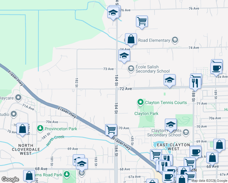 map of restaurants, bars, coffee shops, grocery stores, and more near 7183 184 Street in Surrey
