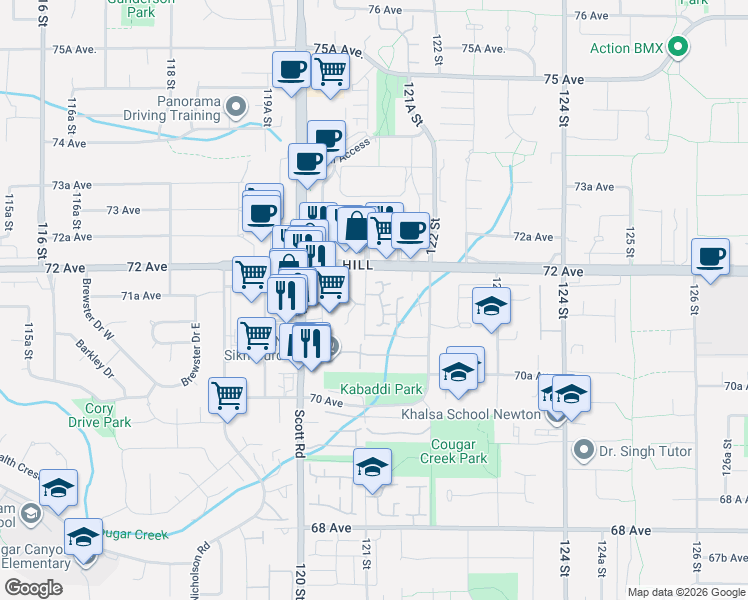 map of restaurants, bars, coffee shops, grocery stores, and more near 7156 121 Street in Surrey