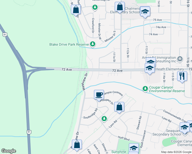map of restaurants, bars, coffee shops, grocery stores, and more near 7159 York Crescent in Delta