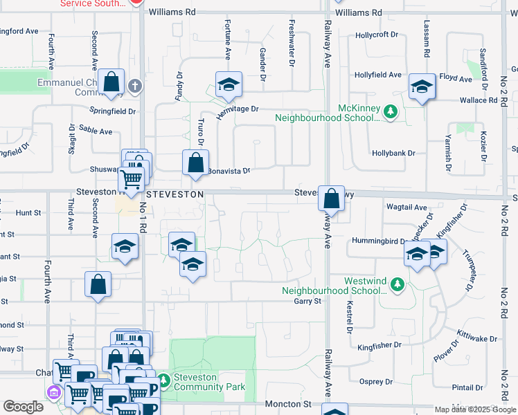 map of restaurants, bars, coffee shops, grocery stores, and more near 4591 Trimaran Drive in Richmond