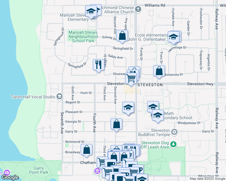 map of restaurants, bars, coffee shops, grocery stores, and more near 11111 Second Avenue in Richmond