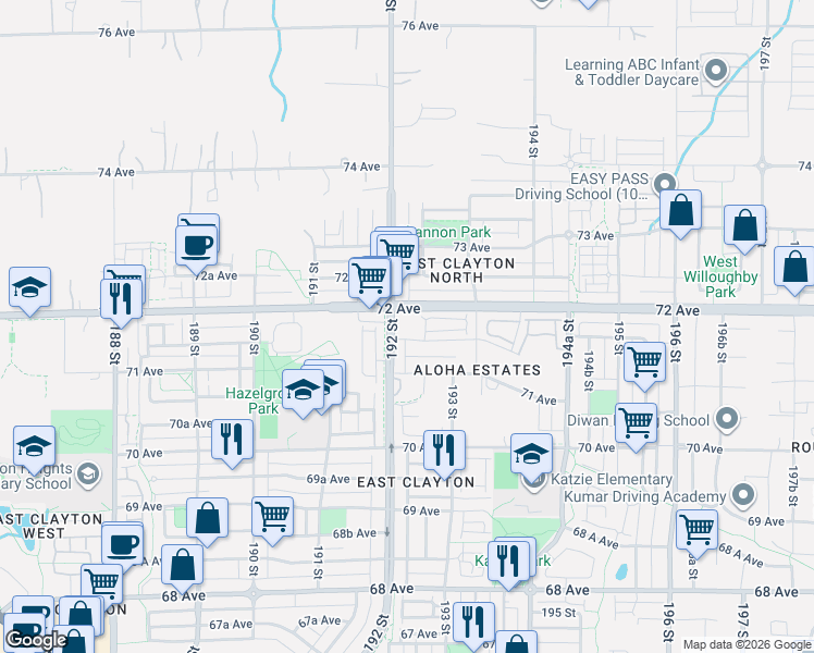 map of restaurants, bars, coffee shops, grocery stores, and more near 7168 192 Street in Surrey