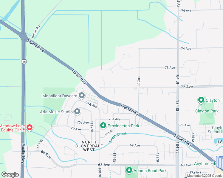 map of restaurants, bars, coffee shops, grocery stores, and more near 18074 72 Avenue in Surrey