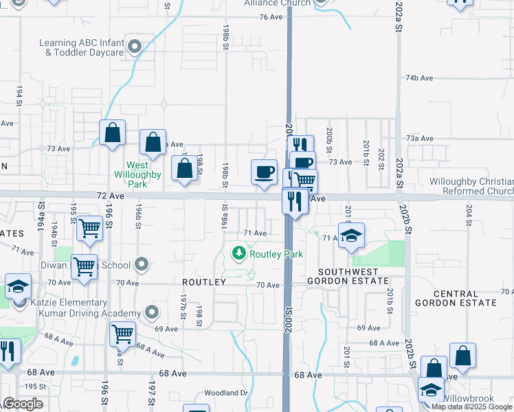 map of restaurants, bars, coffee shops, grocery stores, and more near 7164 199A Street in Langley
