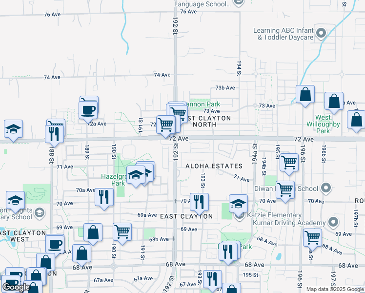 map of restaurants, bars, coffee shops, grocery stores, and more near 7168 192 Street in Surrey