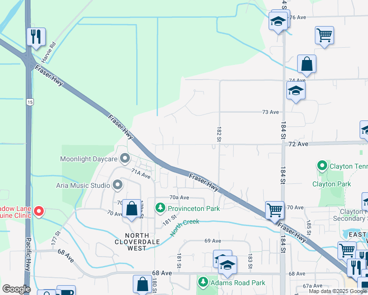 map of restaurants, bars, coffee shops, grocery stores, and more near 18088 72 Avenue in Surrey