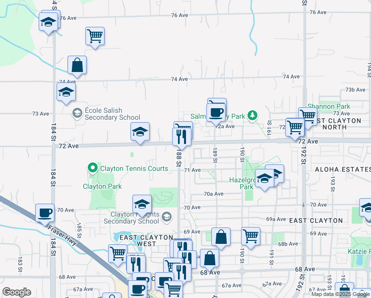 map of restaurants, bars, coffee shops, grocery stores, and more near 18810 72 Avenue in Surrey