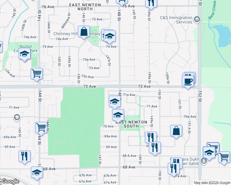 map of restaurants, bars, coffee shops, grocery stores, and more near 14777 71A Avenue in Surrey
