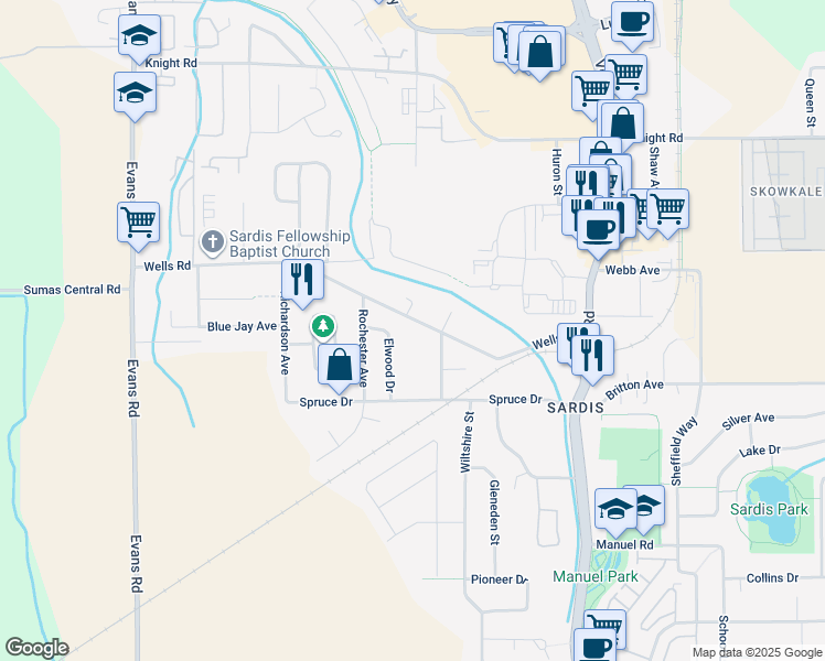 map of restaurants, bars, coffee shops, grocery stores, and more near 45460 Wells Road in Chilliwack