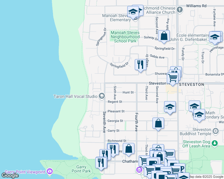 map of restaurants, bars, coffee shops, grocery stores, and more near 3075 Hunt Street in Richmond