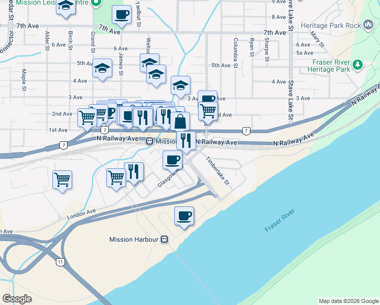 map of restaurants, bars, coffee shops, grocery stores, and more near 7197 Horne Street in Mission