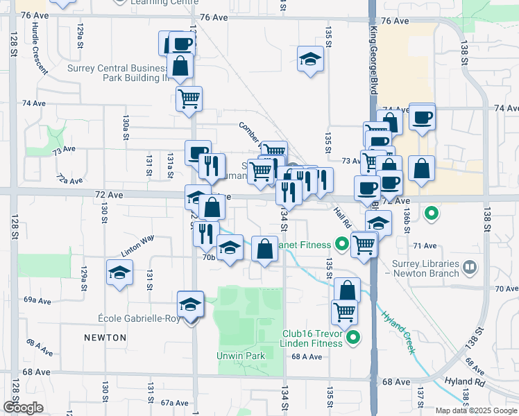 map of restaurants, bars, coffee shops, grocery stores, and more near 13368 72 Avenue in Surrey