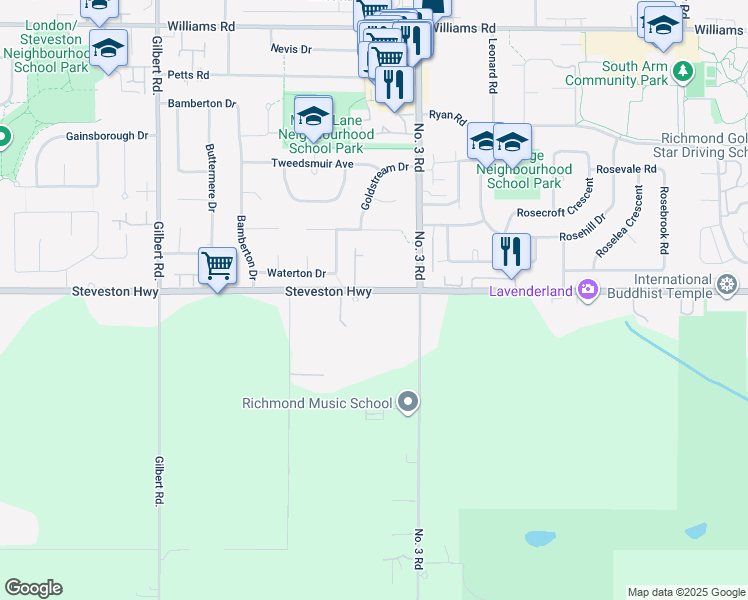 map of restaurants, bars, coffee shops, grocery stores, and more near 7680 Steveston Highway in Richmond