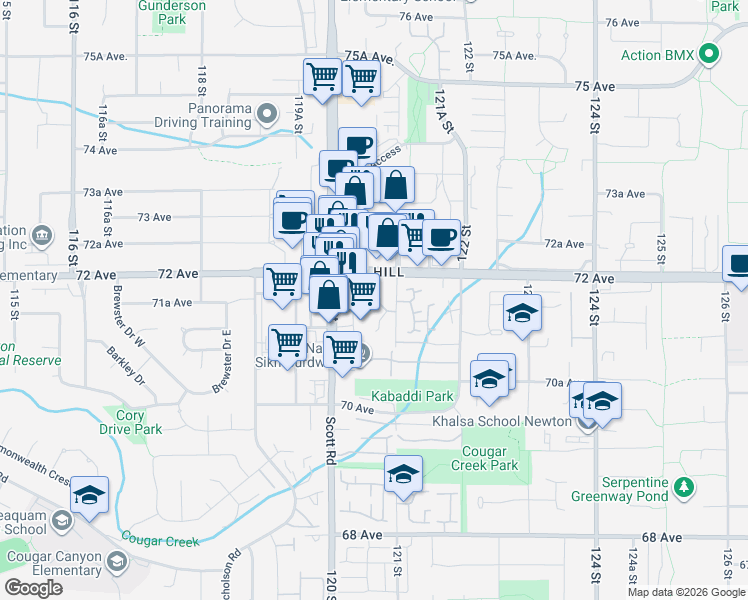 map of restaurants, bars, coffee shops, grocery stores, and more near 12044 72 Avenue in Surrey