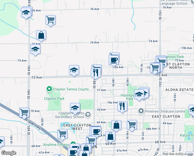 map of restaurants, bars, coffee shops, grocery stores, and more near 18810 72 Avenue in Surrey