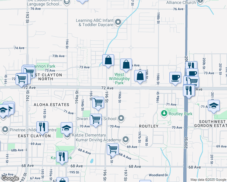 map of restaurants, bars, coffee shops, grocery stores, and more near 7192 196A Street in Langley