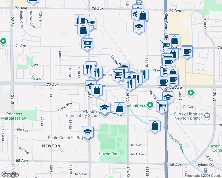 map of restaurants, bars, coffee shops, grocery stores, and more near 13323 71B Avenue in Surrey