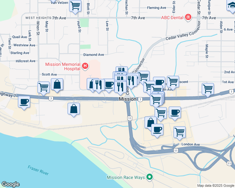 map of restaurants, bars, coffee shops, grocery stores, and more near 32390 Fletcher Avenue in Mission