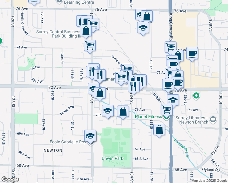 map of restaurants, bars, coffee shops, grocery stores, and more near 13323 71B Avenue in Surrey