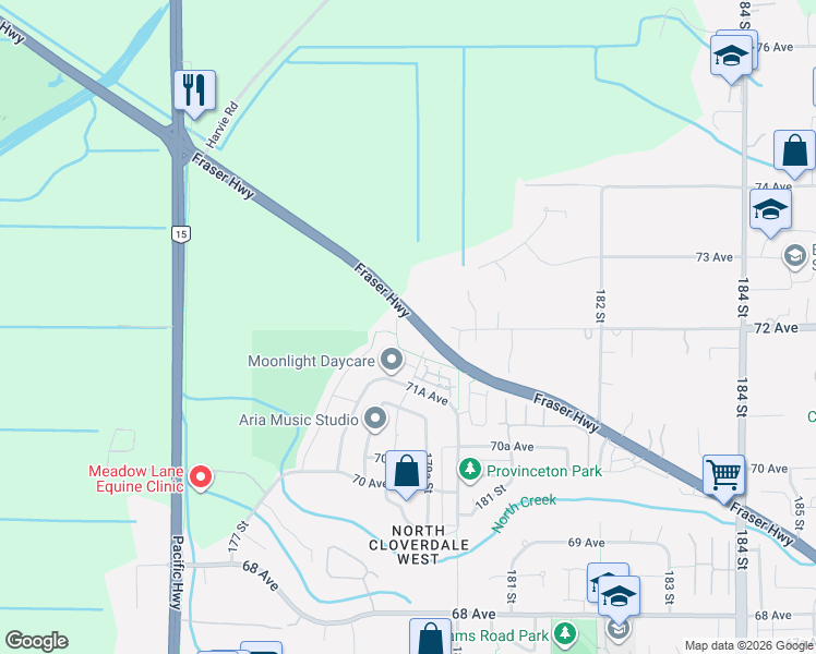 map of restaurants, bars, coffee shops, grocery stores, and more near 7198 179 Street in Surrey