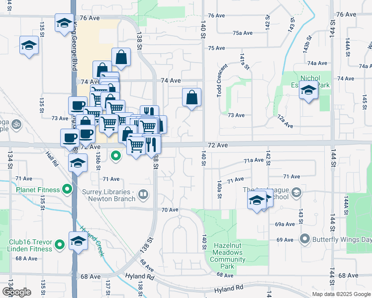 map of restaurants, bars, coffee shops, grocery stores, and more near 13918 72 Avenue in Surrey