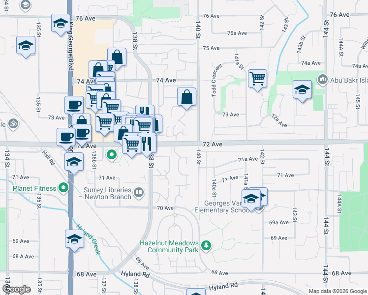 map of restaurants, bars, coffee shops, grocery stores, and more near 13977 72 Avenue in Surrey