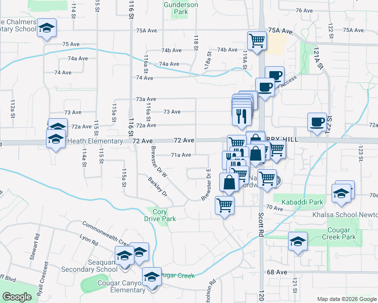 map of restaurants, bars, coffee shops, grocery stores, and more near 11781 71A Avenue in Delta