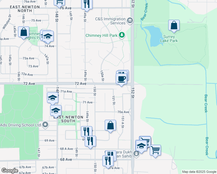 map of restaurants, bars, coffee shops, grocery stores, and more near 15078 72 Avenue in Surrey